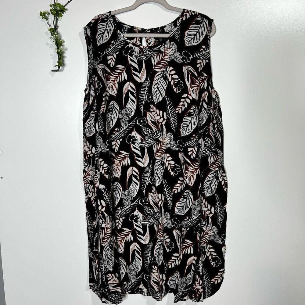 Ellos Black Tropical Leaf Print Tank Dress New Rust Cream